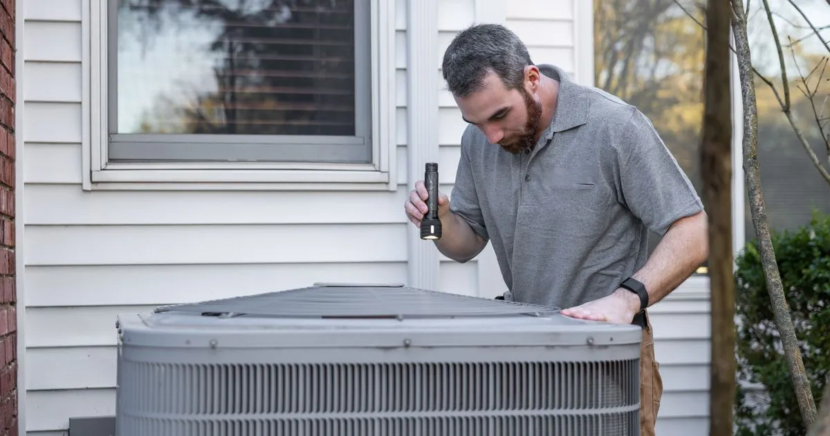 Technician inspecting a home heating and cooling unit - emergency home repair loans in Canada